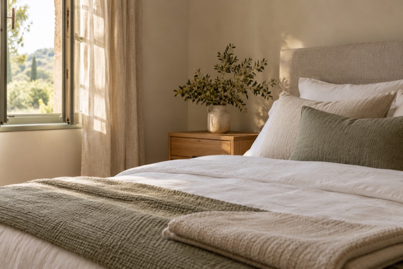 A made bed with crisp white bedding, a folded towel at its foot, and an open window.
