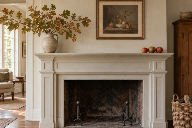 Asymmetric autumn mantel with oak branches in a jug, three apples, and a framed still life above a swept fireplace.
