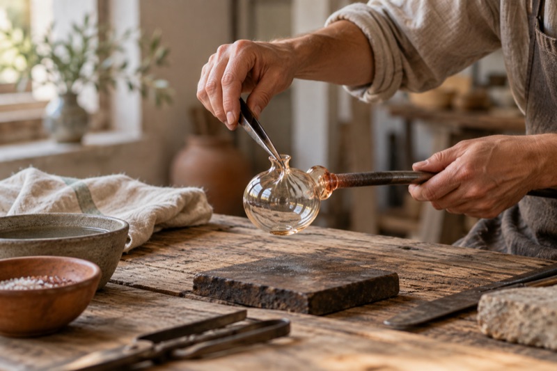 Hands shape a translucent glass vessel with tools over a worn wooden workbench in warm natural light.