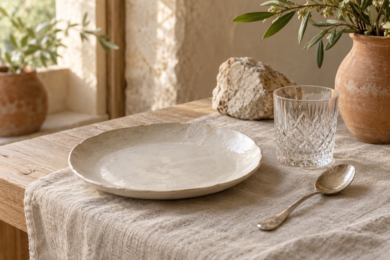 A handmade porcelain plate, faceted crystal tumbler, and silver spoon on linen in warm window light.