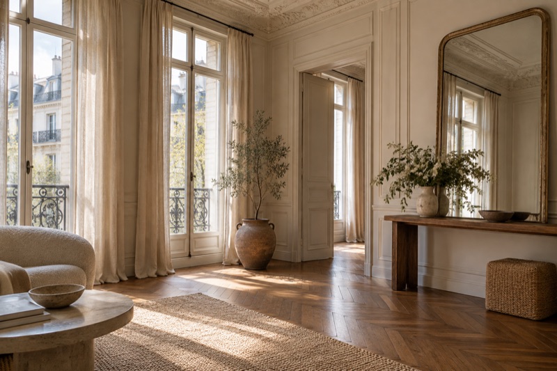 A light-filled room corner with herringbone floors, tall linen-draped windows, ornate molding and a mirror over a console.