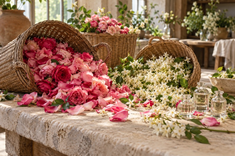 Fresh rose petals and jasmine flowers spill from woven baskets beside small glass flacons on a stone workbench.