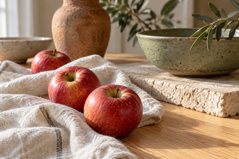 Three small red apples rest on rumpled linen beside a sage ceramic bowl in warm window light.