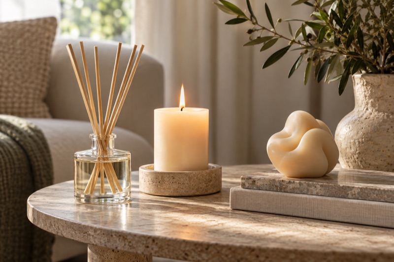 A reed diffuser, a lit pillar candle and an abstract scented wax object on a stone side table.