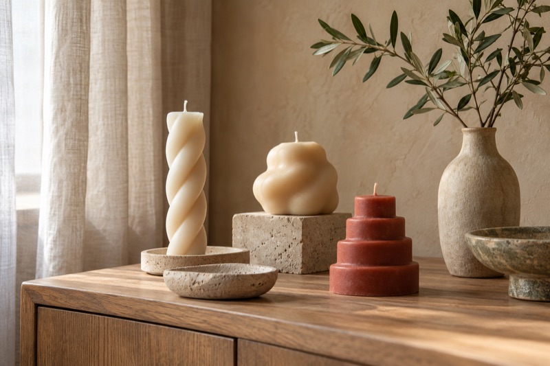 Sculptural cream and terracotta candles arranged on stone plinths beside a linen curtain.