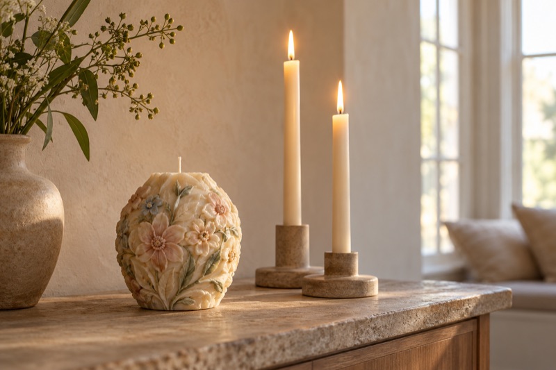 A carved floral candle sits unlit beside two glowing taper candles on a warm stone console.