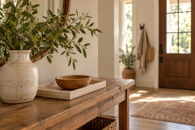 An entry table with a wooden bowl on a stone tray, greenery, and a softly blurred front door behind.