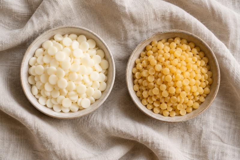 Creamy soy wax pastilles and yellow beeswax pellets in two shallow dishes on rumpled linen.