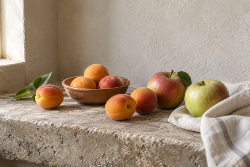 Apricots and apples sit in a terracotta bowl on a weathered stone ledge beside folded linen.