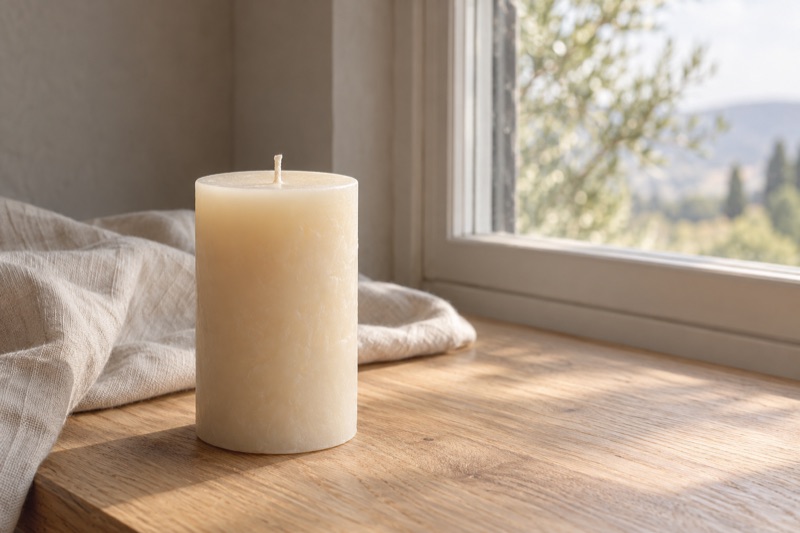 An unlit cream pillar candle beside a window in soft daylight.