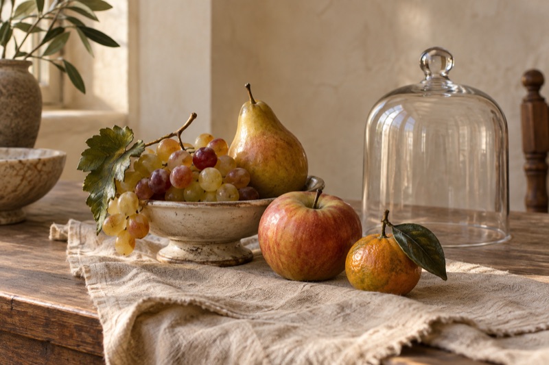 Hand-painted wax fruit arranged in a bowl beside an empty glass cloche.