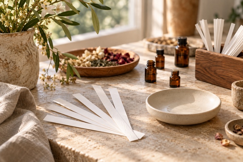 Fanned smelling strips beside an unmarked ceramic dish and amber glass vials on a sunlit stone worktable.