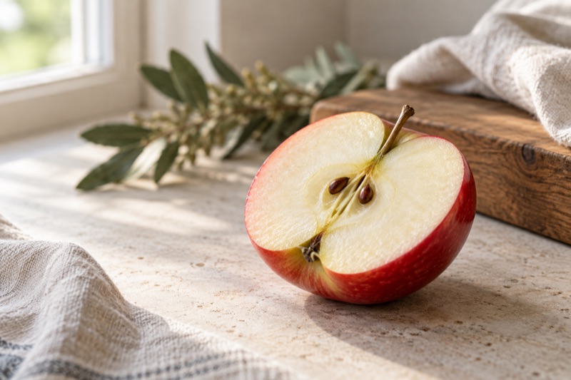 A halved red apple rests on a pale stone surface beside folded linen and soft greenery.