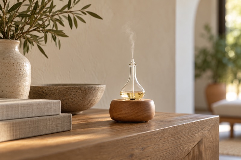 A small glass oil diffuser on a turned wooden base emits a fine mist from a console table.