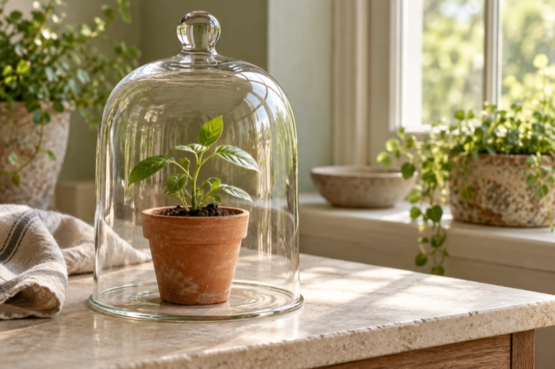 A glass cloche shelters a young green seedling in a terracotta pot beside a sunlit window.