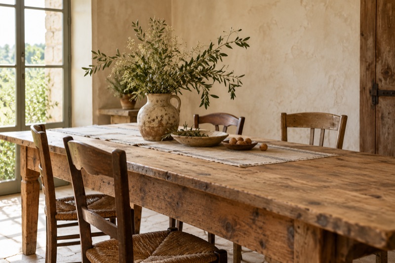 A farmhouse table with a linen runner, a stoneware jug of branches and mismatched wooden chairs.
