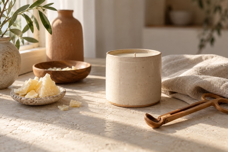 A handmade cream ceramic candle, wax samples and wooden tools rest on a sunlit stone surface.