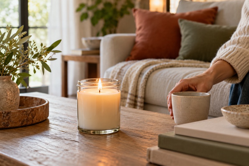 A lit jar candle on a wooden coffee table beside a person's hand reaching for a ceramic cup.