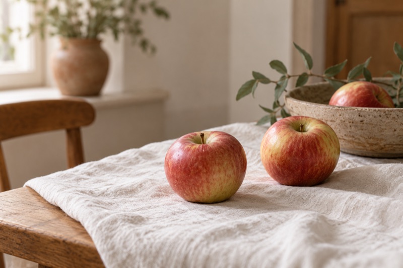 Three red apples rest on a white cloth on a warm wooden table in soft window light.