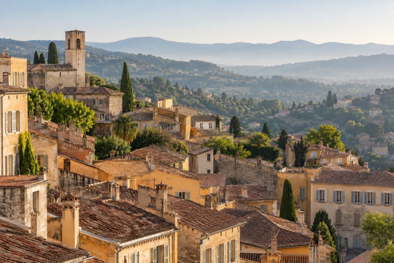 Terracotta rooftops and sunlit stone buildings layered across green hills beneath a hazy blue sky.